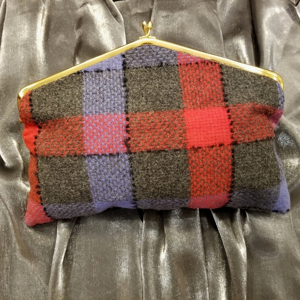Plaid Clutch Red Grey Blue Vintage